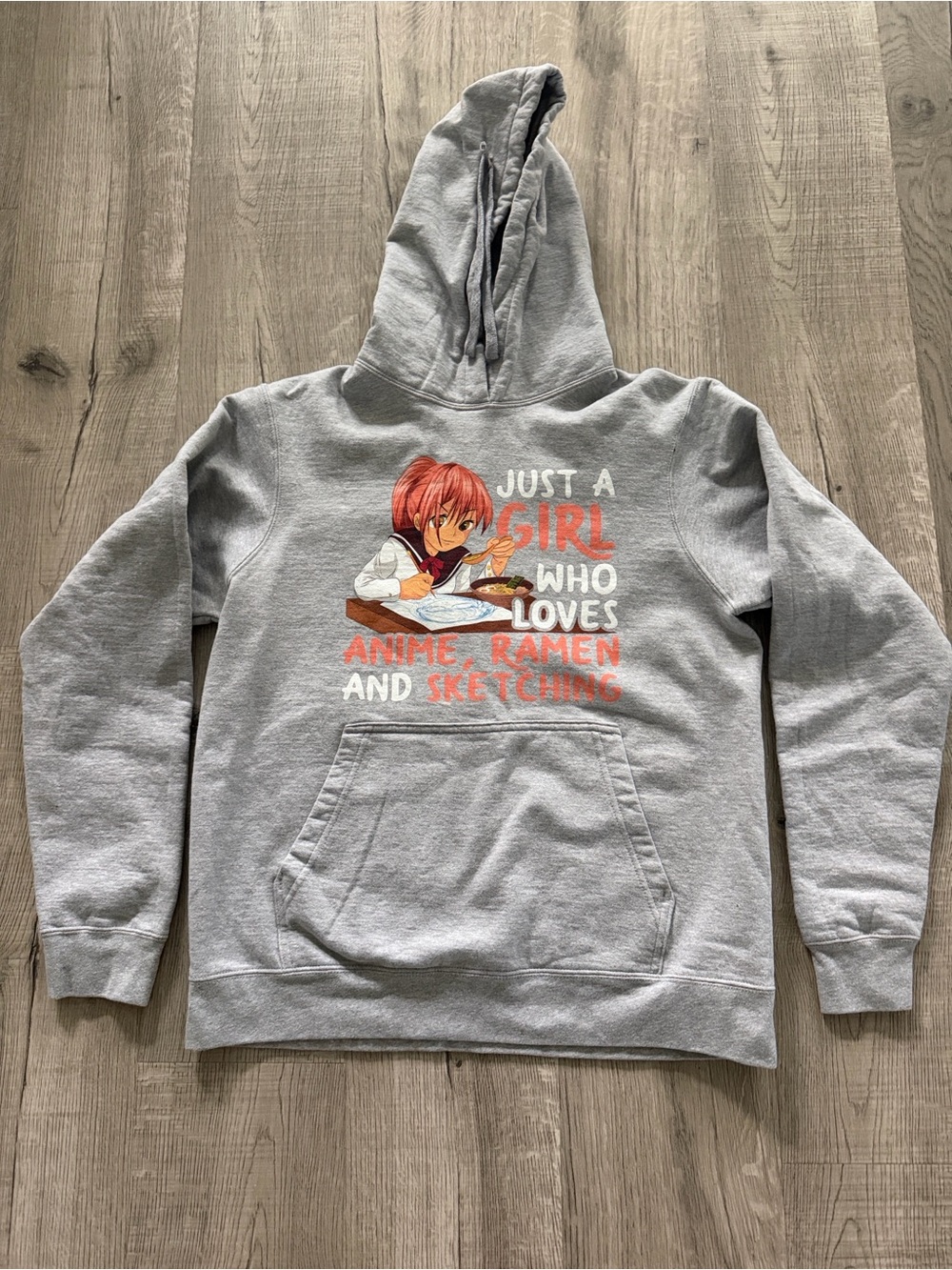 Port and Company Gray Hoodie with Red-Orange Anime Graphic